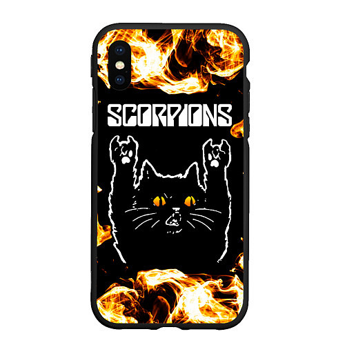 Чехол iPhone XS Max матовый Scorpions рок кот и огонь / 3D-Черный – фото 1