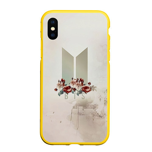 Чехол iPhone XS Max матовый BTS Logo And Flowers / 3D-Желтый – фото 1