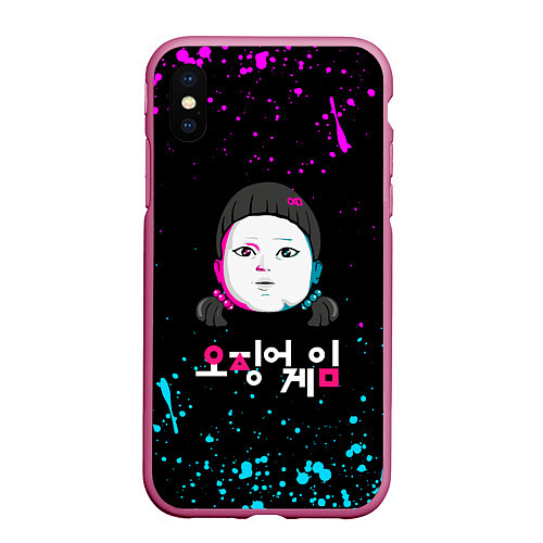 Чехол iPhone XS Max матовый Squid game - кукла neon / 3D-Малиновый – фото 1