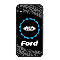 Чехол iPhone XS Max матовый Ford в стиле Top Gear со следами шин на фоне, цвет: 3D-черный