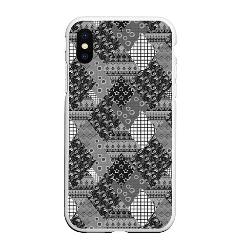 Чехол iPhone XS Max матовый Black and White Ethnic Patchwork Pattern / 3D-Белый – фото 1