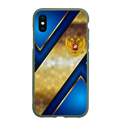 Чехол iPhone XS Max матовый Золотой герб России на синем объемном фоне / 3D-Темно-зеленый – фото 1