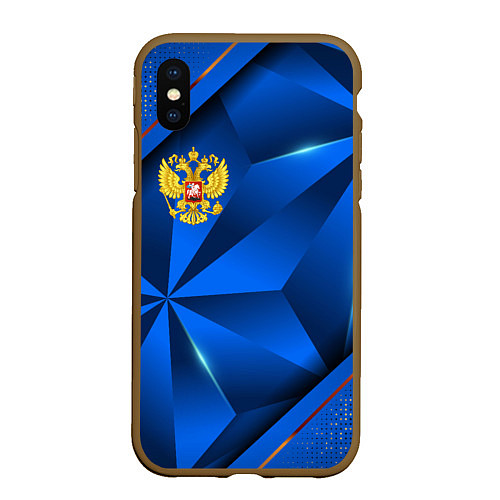 Чехол iPhone XS Max матовый Герб РФ на синем объемном фоне / 3D-Коричневый – фото 1