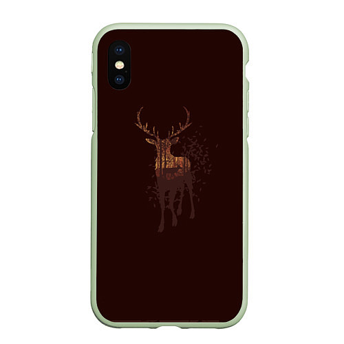 Чехол iPhone XS Max матовый Силуэт оленя с осенним лесом / 3D-Салатовый – фото 1