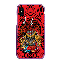 Чехол iPhone XS Max матовый Маска воина самурая с драконом