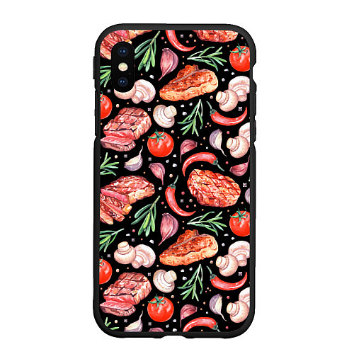 Чехол iPhone XS Max матовый Мясо, помидоры, шампиньоны / 3D-Черный – фото 1