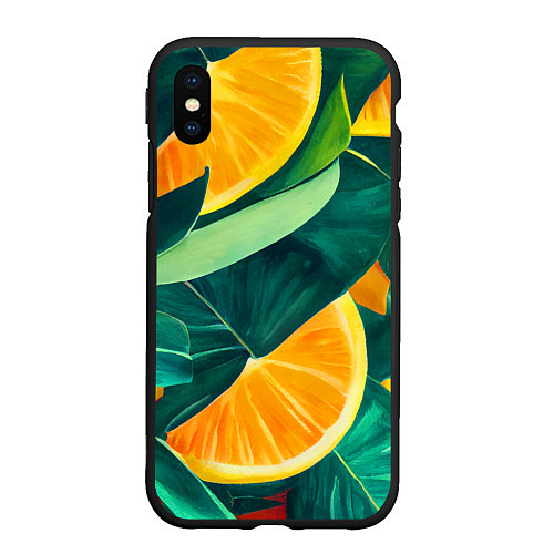 Чехол iPhone XS Max матовый Листья монстеры и дольки апельсинов / 3D-Черный – фото 1