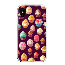 Чехол iPhone XS Max матовый Много нарисованных капкейков, цвет: 3D-белый