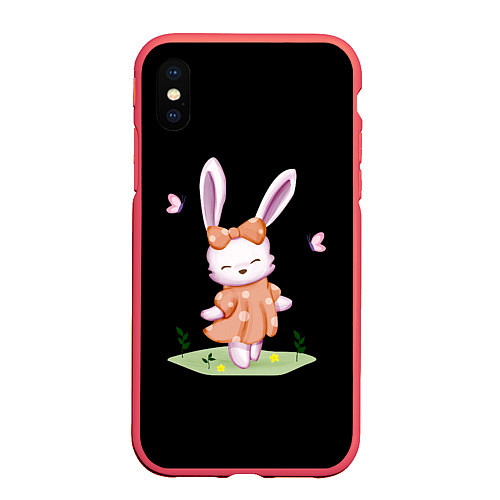 Чехол iPhone XS Max матовый Крольчонок С Бантиком На Чёрном Фоне / 3D-Красный – фото 1