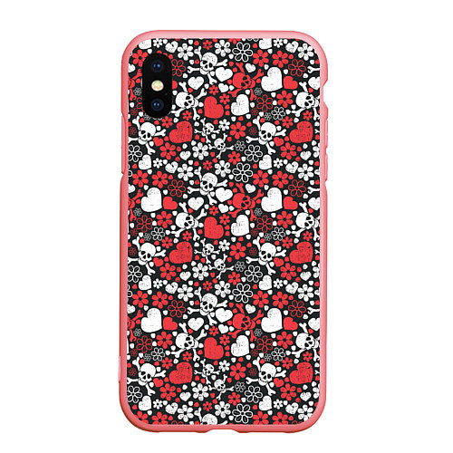 Чехол iPhone XS Max матовый Череп, сердца и цветы / 3D-Баблгам – фото 1