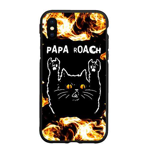 Чехол iPhone XS Max матовый Papa Roach рок кот и огонь / 3D-Черный – фото 1