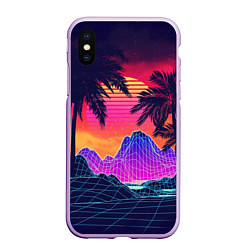 Чехол iPhone XS Max матовый Тропический остров с пальмами ретро иллюстрация, цвет: 3D-сиреневый