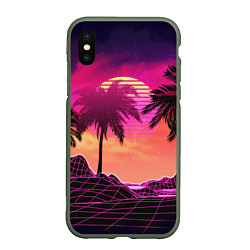 Чехол iPhone XS Max матовый Пальмы и пляж в розовом закате ретро дизайн, цвет: 3D-темно-зеленый