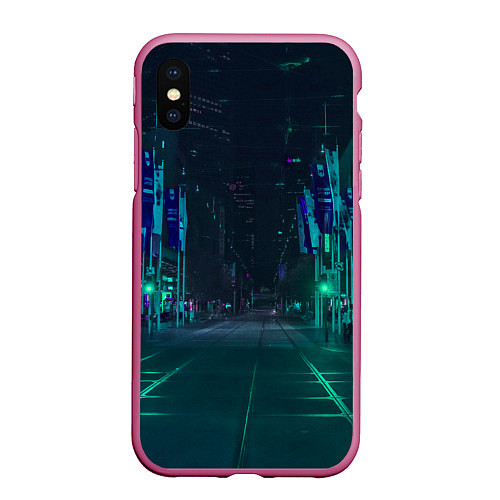 Чехол iPhone XS Max матовый Неоновая ночная улица / 3D-Малиновый – фото 1