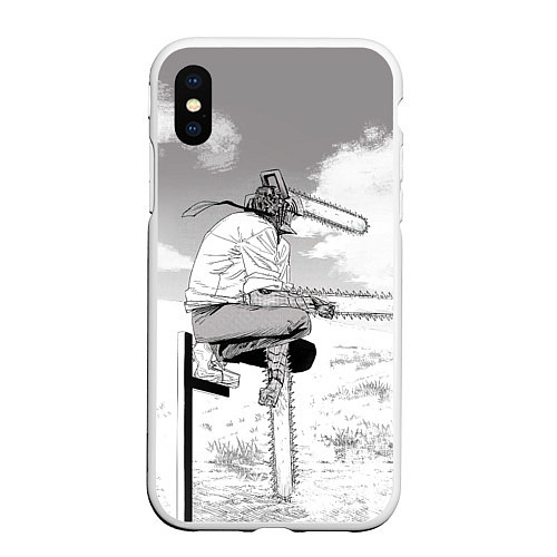Чехол iPhone XS Max матовый Дэнжи - Человек бензопила / 3D-Белый – фото 1