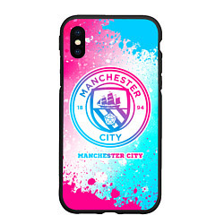 Чехол iPhone XS Max матовый Manchester City neon gradient style, цвет: 3D-черный