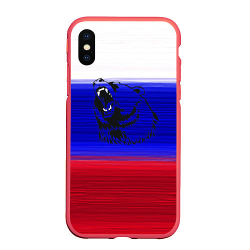 Чехол iPhone XS Max матовый Флаг России с медведем / 3D-Красный – фото 1