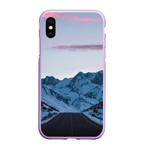Чехол iPhone XS Max матовый Белые зимние горы с дорогой / 3D-Сиреневый – фото 1
