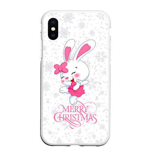 Чехол iPhone XS Max матовый Merry Christmas, cute bunny / 3D-Белый – фото 1