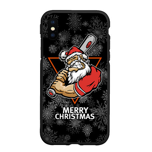 Чехол iPhone XS Max матовый Merry Christmas! Cool Santa with a baseball bat / 3D-Черный – фото 1