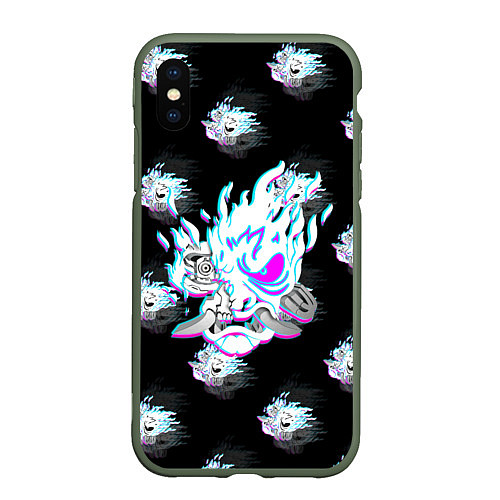 Чехол iPhone XS Max матовый Cyberpunk 2077 neon samurai glitch art colors / 3D-Темно-зеленый – фото 1