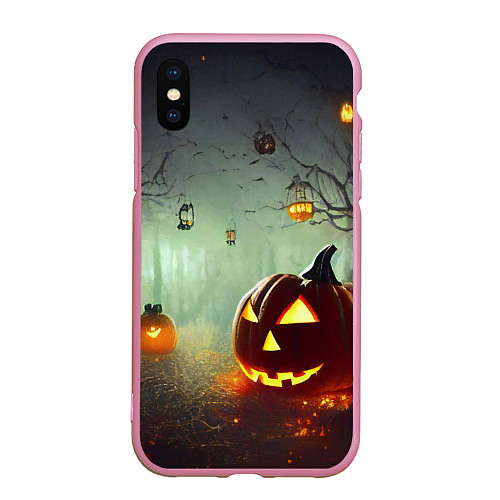 Чехол iPhone XS Max матовый Тыква на Хэллоуин в ночном туманном лесу / 3D-Розовый – фото 1