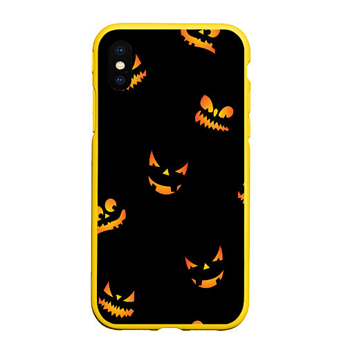 Чехол iPhone XS Max матовый Halloween горящие тыквы / 3D-Желтый – фото 1