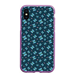 Чехол iPhone XS Max матовый Бабочки и цветы на фоне точек, цвет: 3D-фиолетовый