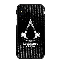 Чехол iPhone XS Max матовый Assassins Creed с потертостями на темном фоне, цвет: 3D-черный