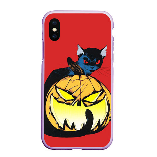 Чехол iPhone XS Max матовый Halloween - тыква и кот / 3D-Сиреневый – фото 1
