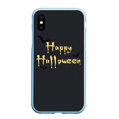 Чехол iPhone XS Max матовый Happy Halloween надпись с летучими мышами / 3D-Голубой – фото 1