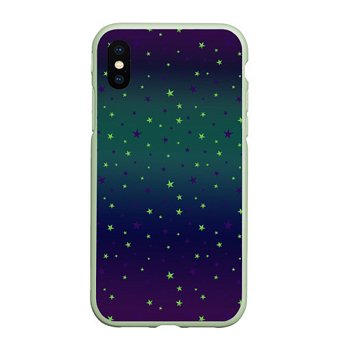 Чехол iPhone XS Max матовый Неоновые зеленые и сиреневые звезды на темно зелен / 3D-Салатовый – фото 1