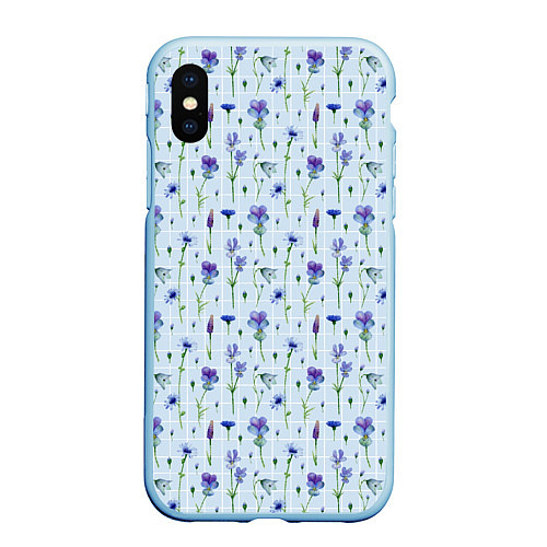 Чехол iPhone XS Max матовый Синие и фиолетовые цветы на голубой клетке / 3D-Голубой – фото 1