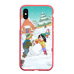Чехол iPhone XS Max матовый Новогодние каникулы - дети лепят снеговика, цвет: 3D-красный