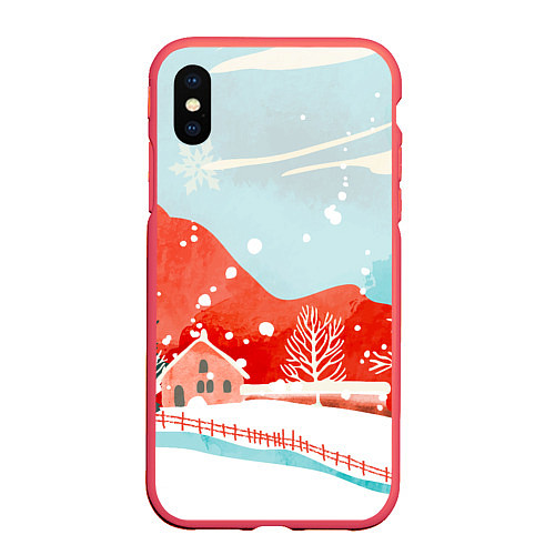 Чехол iPhone XS Max матовый Зимние новогодние горы / 3D-Красный – фото 1