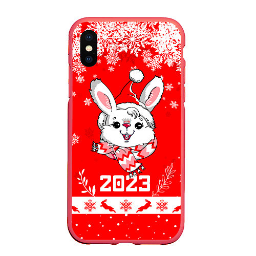 Чехол iPhone XS Max матовый Праздничный кролик 2023 / 3D-Красный – фото 1