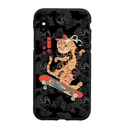 Чехол iPhone XS Max матовый Кот самурай на скейтборде / 3D-Черный – фото 1