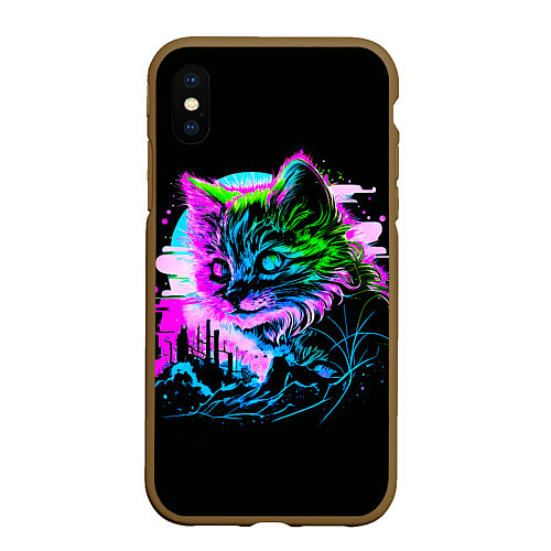 Чехол iPhone XS Max матовый Неоновый котёнок поп-арт / 3D-Коричневый – фото 1