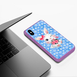 Чехол iPhone XS Max матовый Зайка с цветами на фоне снежинок, цвет: 3D-фиолетовый — фото 2