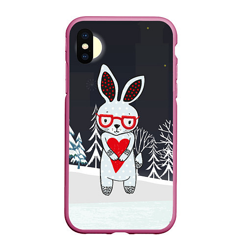 Чехол iPhone XS Max матовый Зайчик с сердечком в ночном лесу / 3D-Малиновый – фото 1