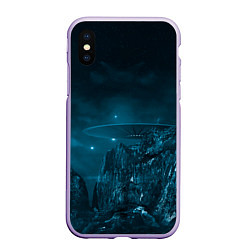Чехол iPhone XS Max матовый Синий космос, горы и нло, цвет: 3D-светло-сиреневый