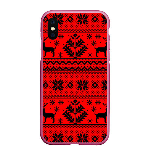 Чехол iPhone XS Max матовый Happy new year, black deer / 3D-Малиновый – фото 1