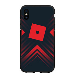 Чехол iPhone XS Max матовый Красный символ Roblox на темном фоне со стрелками, цвет: 3D-черный