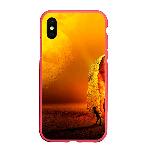 Чехол iPhone XS Max матовый Оранжевый космос и луна / 3D-Красный – фото 1