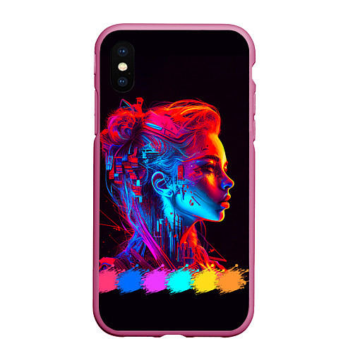 Чехол iPhone XS Max матовый Нейросеть - девушка киборг в неоновом свечении / 3D-Малиновый – фото 1