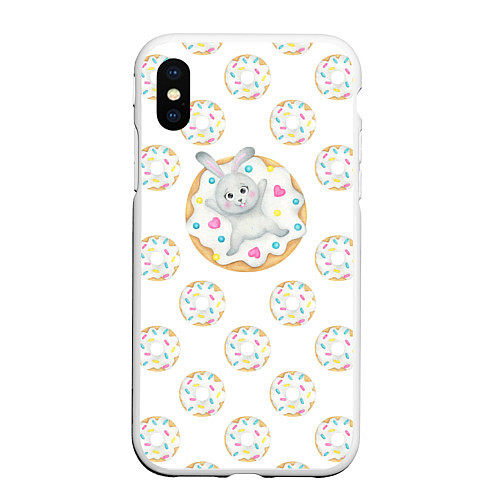 Чехол iPhone XS Max матовый Кролик сладкоежка с белыми пончиками / 3D-Белый – фото 1
