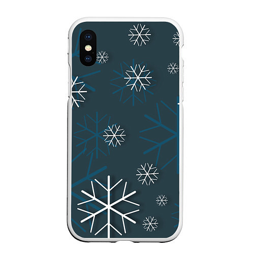 Чехол iPhone XS Max матовый Белые снежинки на синем фоне / 3D-Белый – фото 1