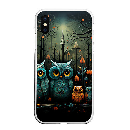 Чехол iPhone XS Max матовый Совы в стиле Folk Art / 3D-Белый – фото 1