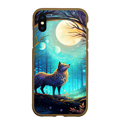 Чехол iPhone XS Max матовый Волк в ночном лесу в folk art стиле, цвет: 3D-коричневый