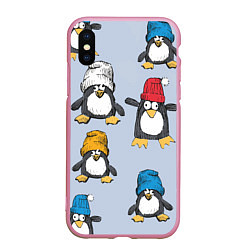 Чехол iPhone XS Max матовый Смешные пингвины, цвет: 3D-розовый